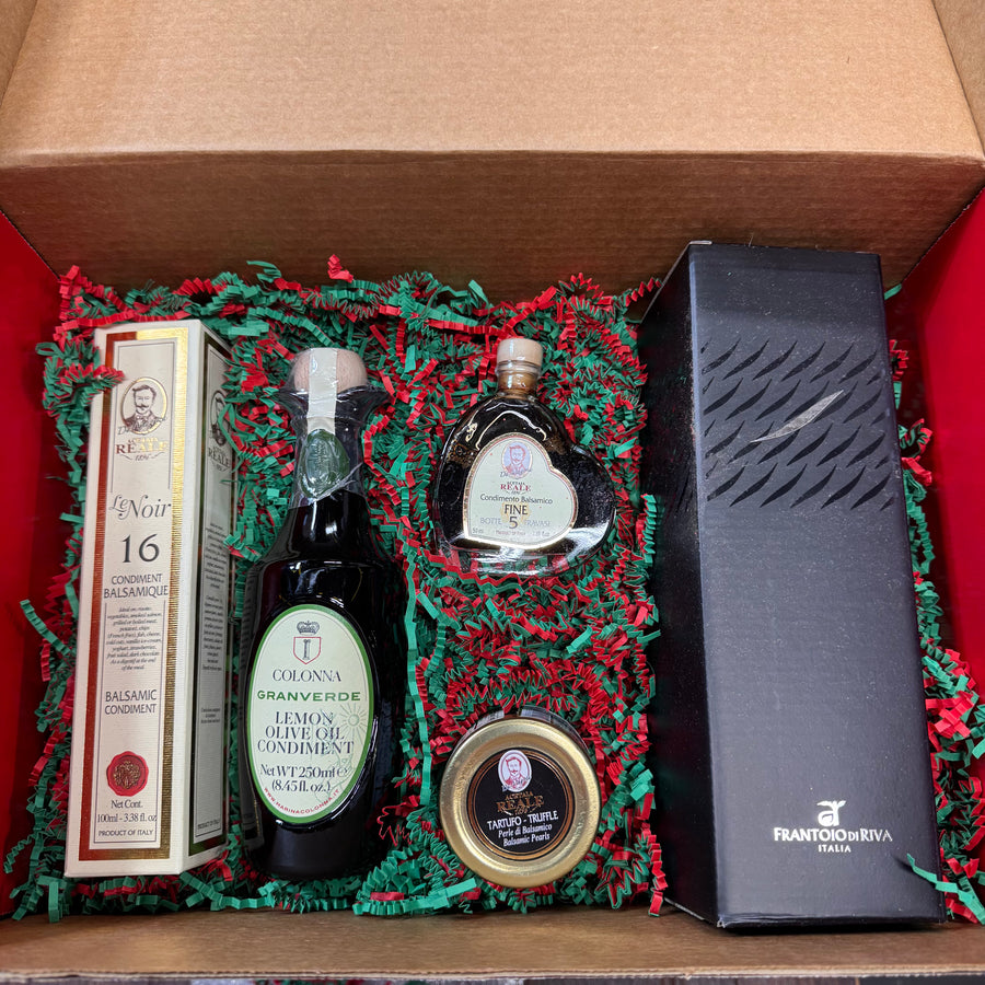 Red Gift Box with 5 of our best sellers, ULIVA EVOO, Lemon Infused EVOO, Truffle Pearls, 5-year Balsamic Vinegar in a heart-shaped bottle and a 100ml bottle of 16- year Balsamic Vinegar